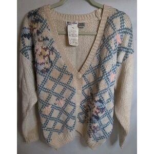 Vintage Hand Knitted Women's Floral Cardigan Multicolored  Size Large With Tags